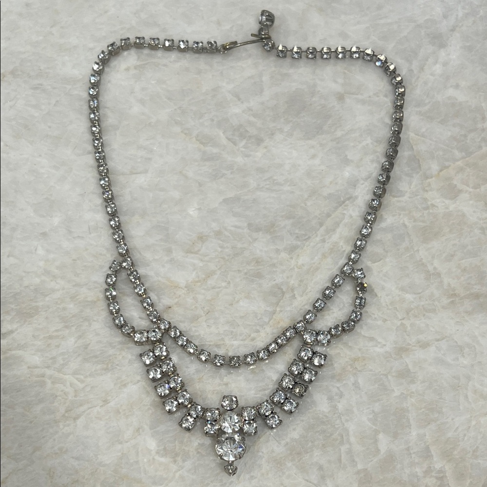 Vintage Silver Necklace with Clear Crystal Accents